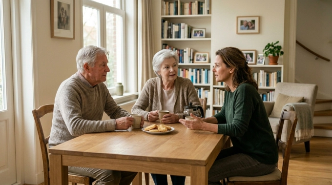 Volwassen dochter in gesprek met haar ouders aan de keukentafel over comfortabel en veilig thuis blijven wonen